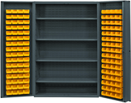 48"W - 14 Gauge - Lockable Cabinet - With 128 Yellow Hook-on Bins - 4 Adjustable Shelves - Deep Door Style - Gray - Industrial Tool & Supply
