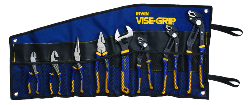 Irwin 8 Pc. Set - all purpose jaw grips on round; flat; sq and hex shapes. Press slide button quickly adjusts lower jaw for more groove positions.  Soft ProTouch handles - Industrial Tool & Supply