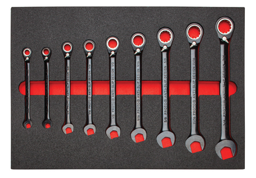 Proto® Foamed 9 Piece Reversible Ratcheting Combination Wrench Set- Black Chrome- Spline - Industrial Tool & Supply