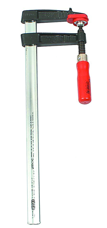 Medium Duty Trademan Clamp - 12" Capacity - 4-1/2" Throat Depth - Wood Handle, Standard Morepad - Profiled Rail and cast jaws - Industrial Tool & Supply