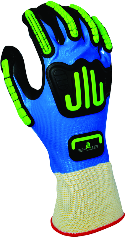 General purpose full nitrile blue undercoating w/black foamed palm coating w/impact resistant bumper guards, 13 gauge, seamless knitted liner/large - Industrial Tool & Supply